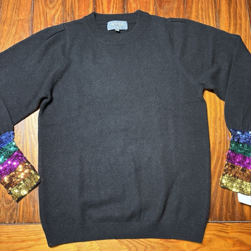 Wyse London Black Wool Cashmere Rainbow Sequin Cuff Pullover Sweater 1/M A1934